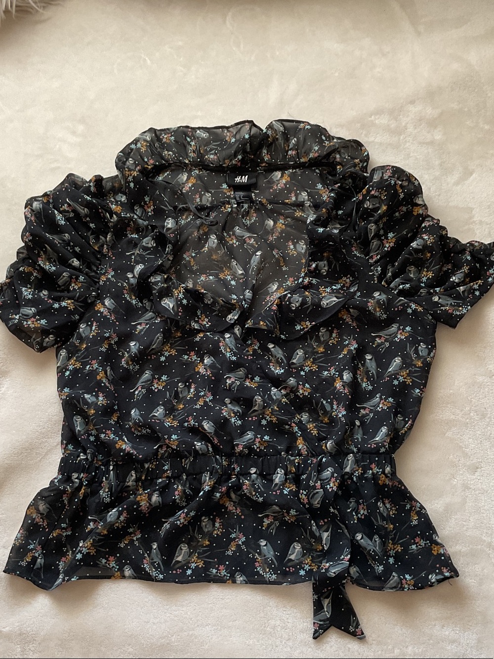 H&M Black Floral & Bird Ruffle Tie-Waist Blouse